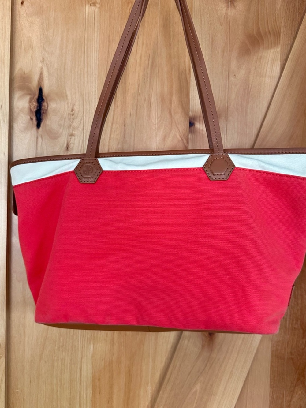 Jonathan Adler Red Canvas Tote Bag Leather Trim Geometric Lining Shoulder Bag